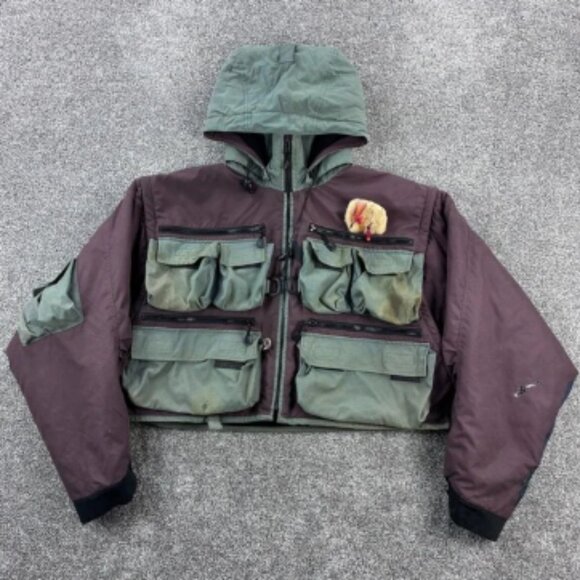 Vintage 80s Fenwick Fly Fishing Jacket Mens XL Plum Green Cropped Wading Pockets - Picture 1 of 7